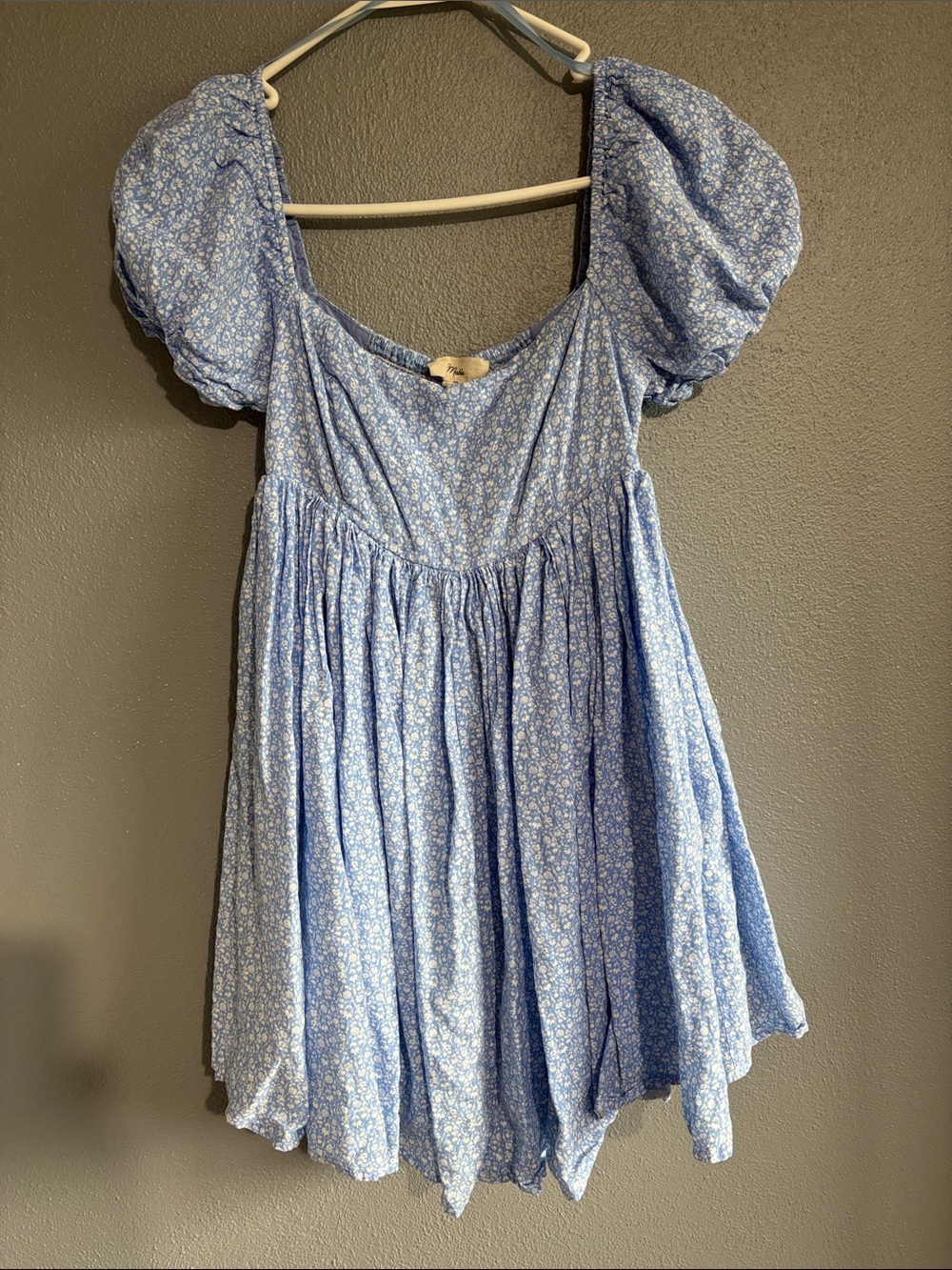 Mable for Anthropologie Light Blue Floral Puff-Sleeve Dress
